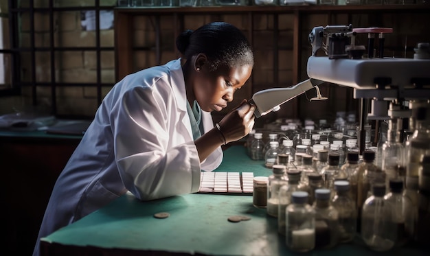 Een vrouw in een laboratoriumjas onderzoekt een medicijnflesje.