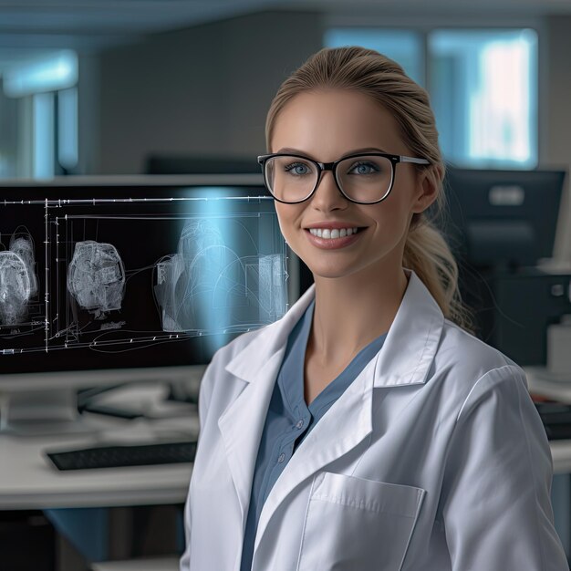 Een vrouw in een laboratoriumjas staat voor een monitor