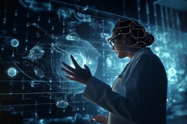 Een vrouw in een laboratoriumjas staat voor een scherm waarop staat 'de toekomst van de geneeskunde'