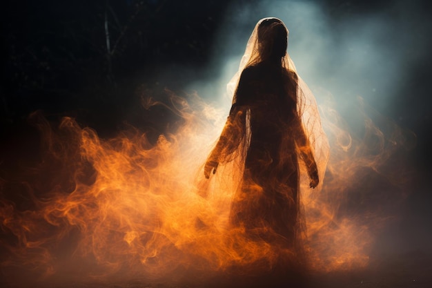 een vrouw in een lange jurk die voor een vuur staat