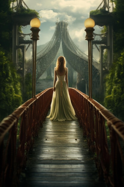 een vrouw in een lange jurk loopt op een brug