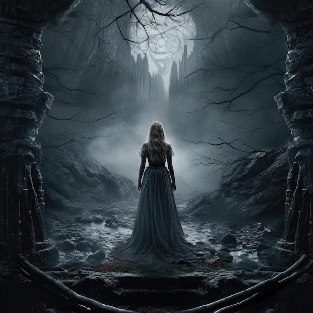 een vrouw in een lange jurk staat in een donkere tunnel met een vrouw in een lange jurk.