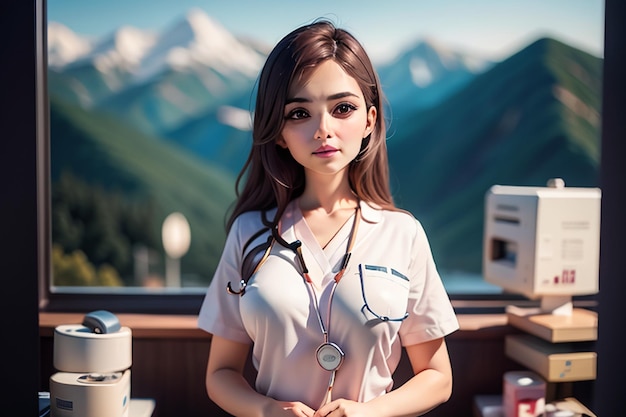 Een vrouw in een medisch uniform staat voor een berg.