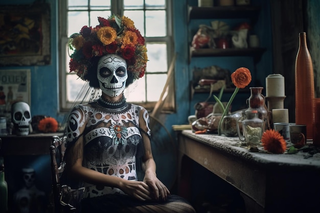 Een vrouw in een Mexicaans kostuum met bloemen op haar hoofd zit in een keuken.