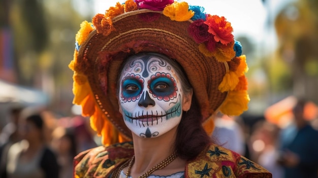 Een vrouw in een Mexicaans kostuum met een schedel op haar gezicht geschilderd