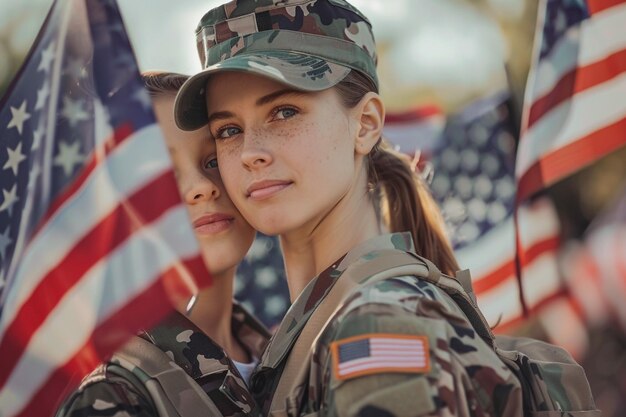 een vrouw in een militair uniform met de Amerikaanse vlag achter haar