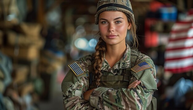 een vrouw in een militair uniform met haar armen gekruist