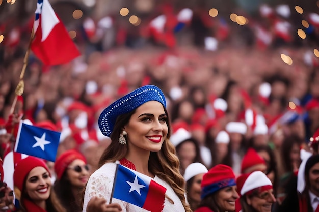 Een vrouw in een nationaal kostuum houdt een vlag vast in een menigte.