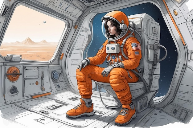 Een vrouw in een oranje astronautenpak zit in een ruimtepak.