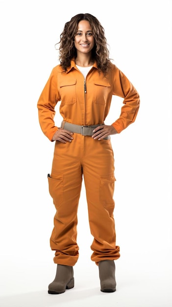 Foto een vrouw in een oranje jumpsuit die poseert voor een foto