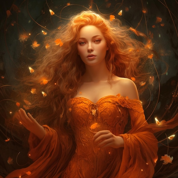 Een vrouw in een oranje jurk met bladeren op haar hoofd