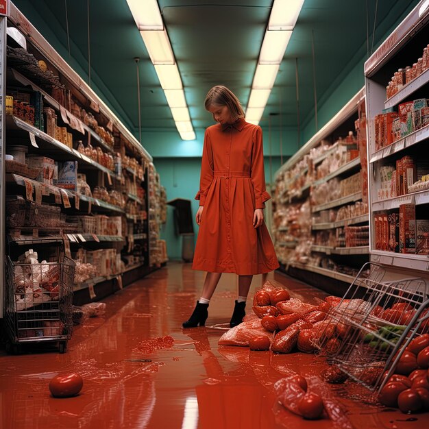 een vrouw in een oranje jurk staat in een supermarkt