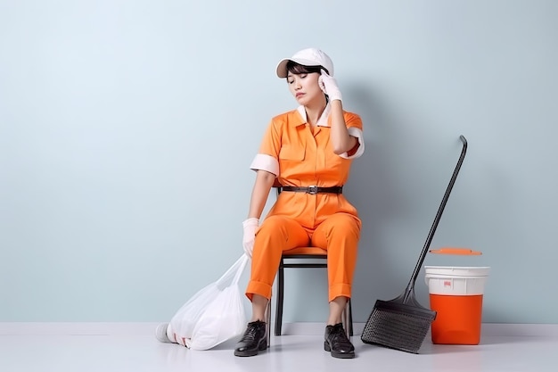 Een vrouw in een oranje outfit zit op een stoel en houdt naast haar een witte tas en een emmer vast.