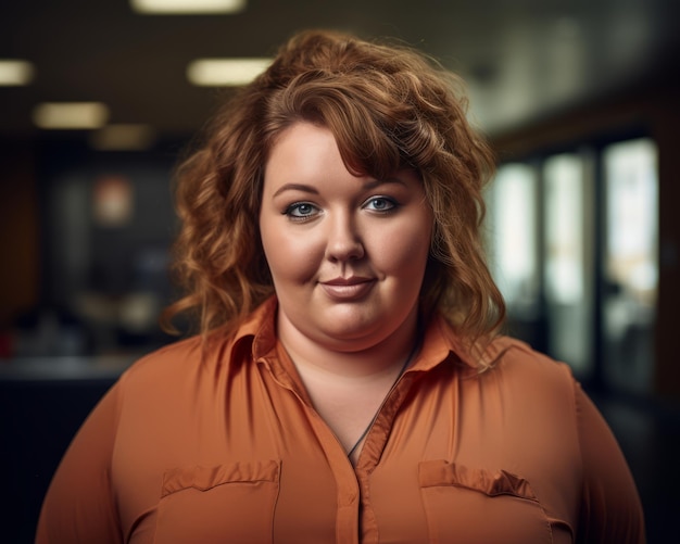 Foto een vrouw in een oranje shirt poseert voor de camera