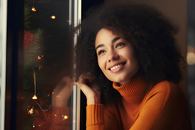 Een vrouw in een oranje trui zit in een raam