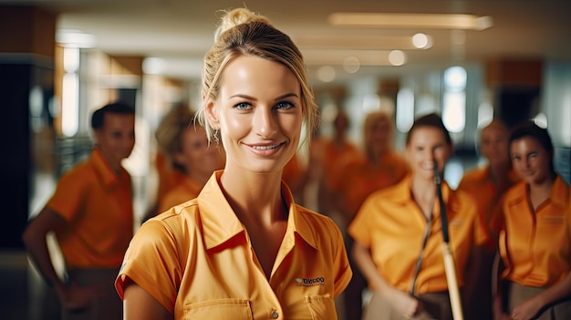 Foto een vrouw in een oranje uniform met een groep mensen op de achtergrond