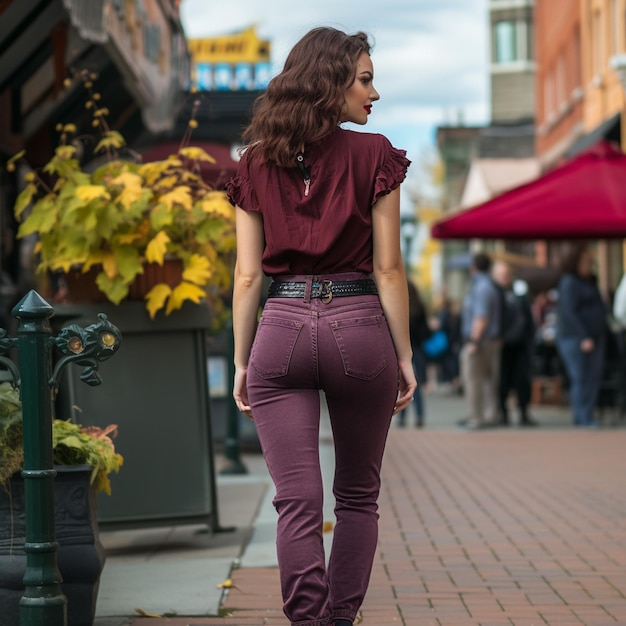 een vrouw in een paarse broek loopt door een straat.