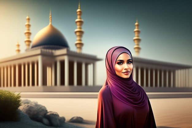 Een vrouw in een paarse hijab staat voor een moskee.