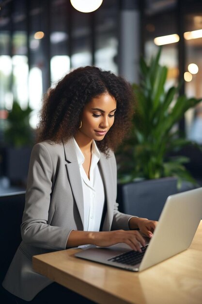 een vrouw in een pak gebruikt een laptop en ze kijkt naar haar computer