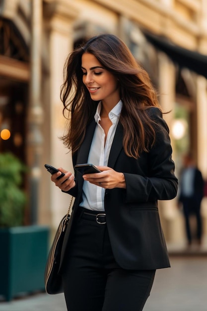 een vrouw in een pak kijkt naar haar mobiele telefoon