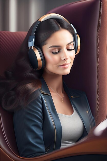 een vrouw in een pak luistert naar muziek op een tablet terwijl ze in een vliegtuig zit.