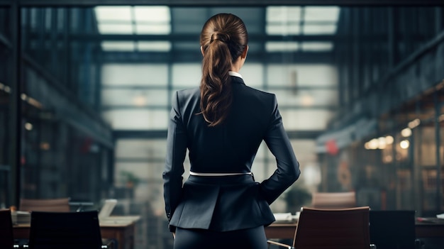 Een vrouw in een pak staat in een vergaderzaal met een laptop en een raam achter haar.