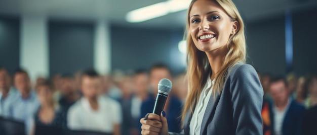 een vrouw in een pak zingt voor een microfoon