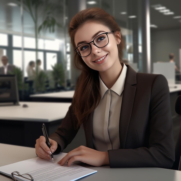 Een vrouw in een pak zit aan een bureau met een pen en een pen in haar hand.