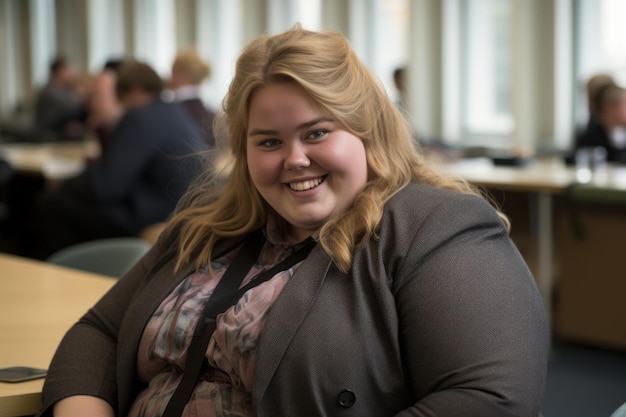 Foto een vrouw in een pak, zittend aan een tafel