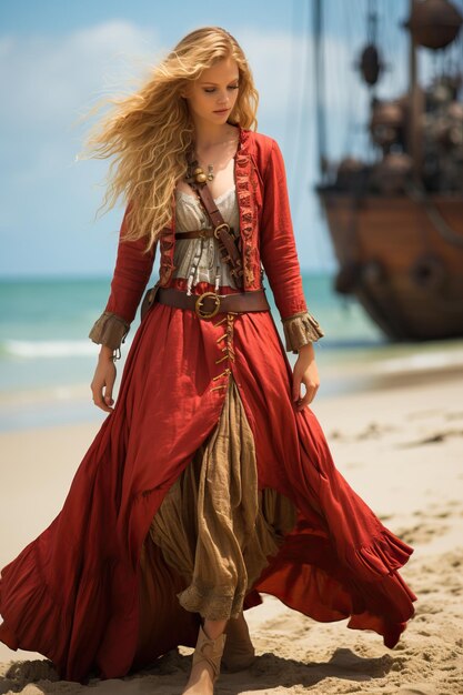 een vrouw in een piratenkleding die op een strand loopt