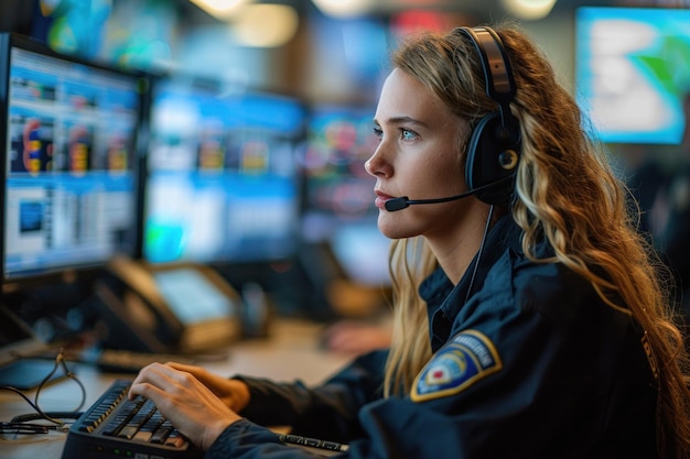 Een vrouw in een politieuniform zit voor een computer en concentreert zich op haar werk.