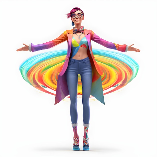 Een vrouw in een regenboogpak staat met uitgestrekte armen