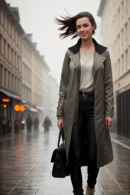 Een vrouw in een regenjas en een tas loopt door een natte straat.