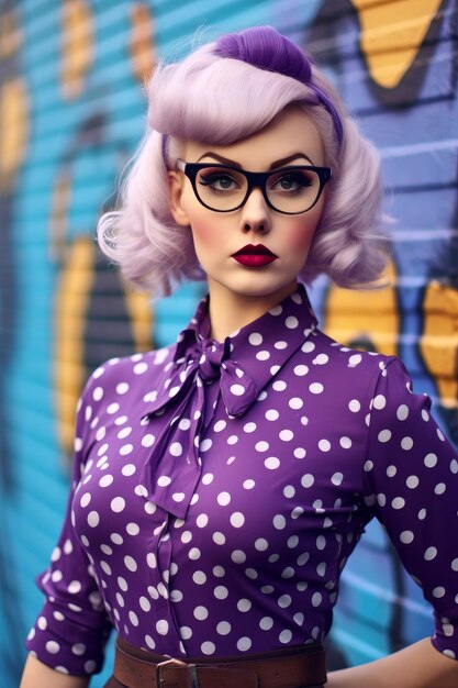 Een vrouw in een retro-geïnspireerde outfit die een polka dot blouse draagt