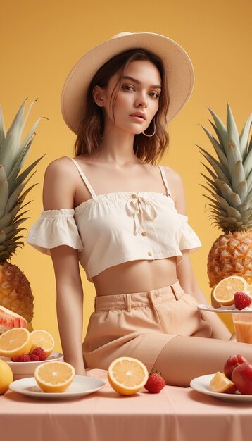 een vrouw in een rieten hoed en een roten hoed poseert met ananas