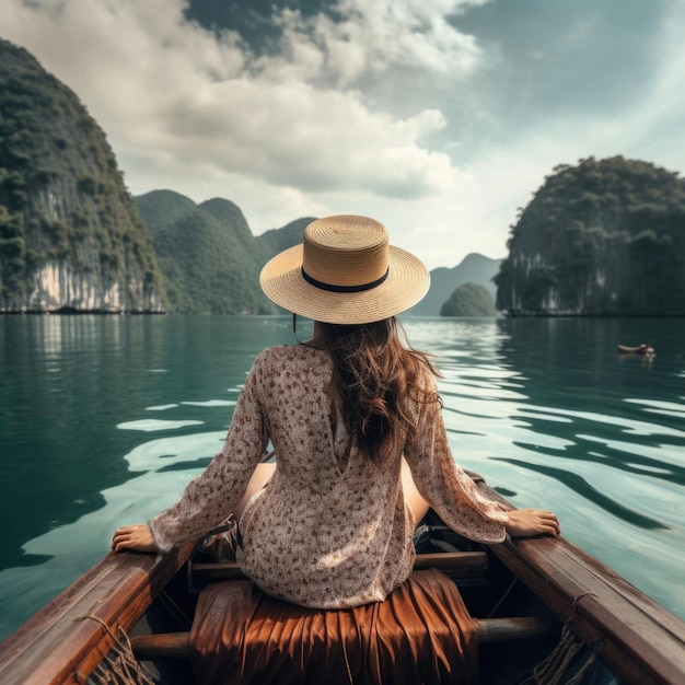 Een vrouw in een rivierboot in de lagune tijdens een boottocht op een zonnige zomerdag