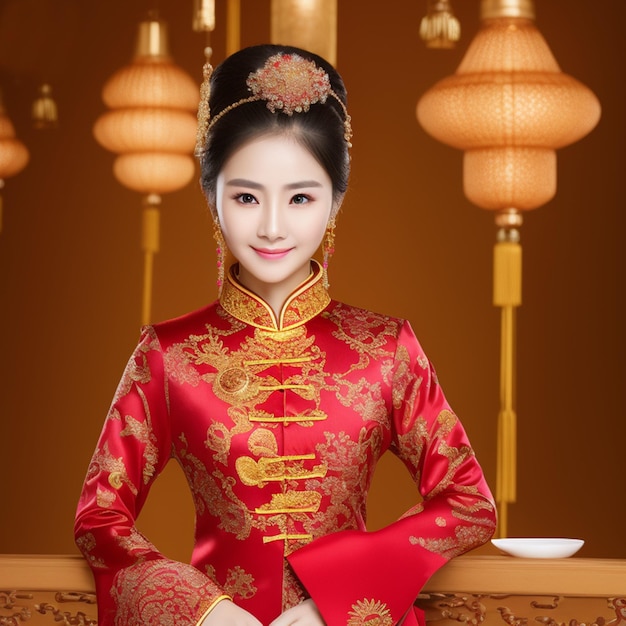 Een vrouw in een rode chinese jurk poseert voor een foto