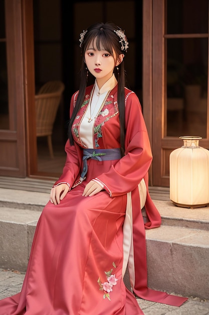 Een vrouw in een rode chinese jurk zit op een richel voor een deur.