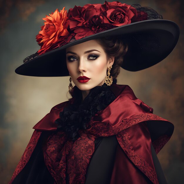 een vrouw in een rode en zwarte hoed met een rode bloem op de top