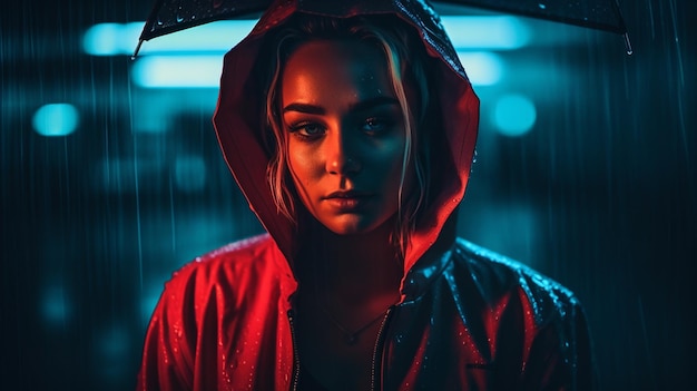 Een vrouw in een rode hoodie staat voor een donkere achtergrond met het woord regen erop.