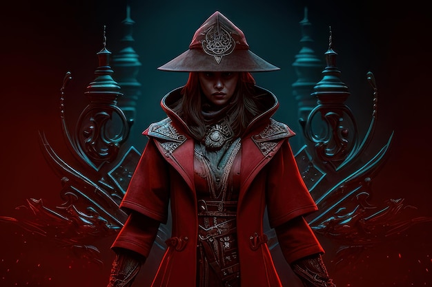 Een vrouw in een rode jas staat voor een poort met een donkere achtergrond en een donkere achtergrond.