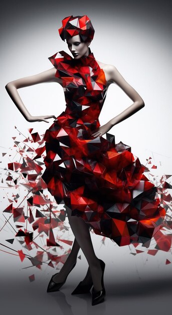 Een vrouw in een rode jurk met een driehoekig patroon in het midden.