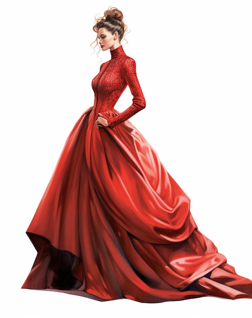 een vrouw in een rode jurk met een lange rode rok wordt getoond in een foto.