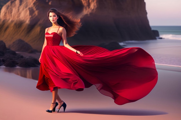 Een vrouw in een rode jurk met een lange rok loopt op het strand.