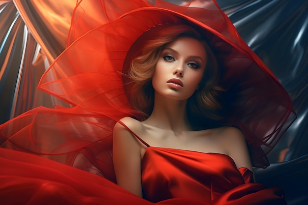 Een vrouw in een rode jurk met een rode sluier