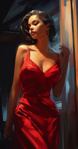 Een vrouw in een rode jurk staat bij een raam.