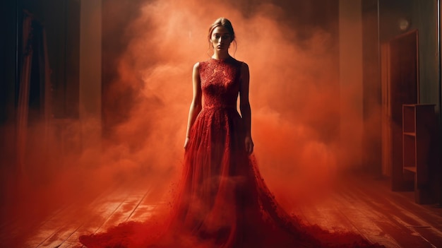 Een vrouw in een rode jurk staat in een rokerige kamer.