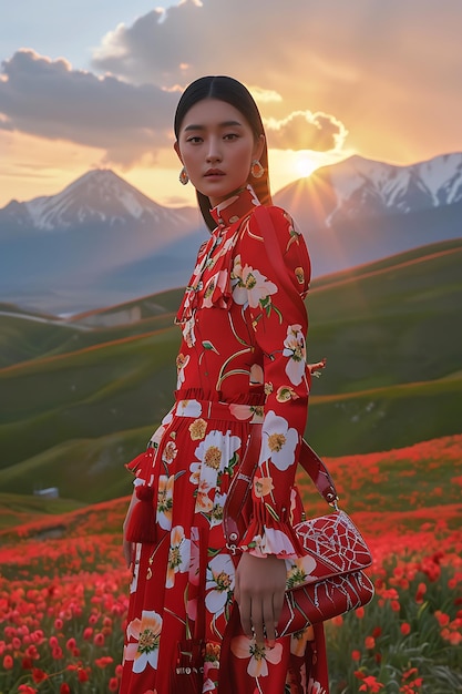 Foto een vrouw in een rode jurk staat in een veld van bloemen