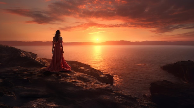 een vrouw in een rode jurk staat op de rand van een klif met uitzicht op de oceaan bij zonsondergang