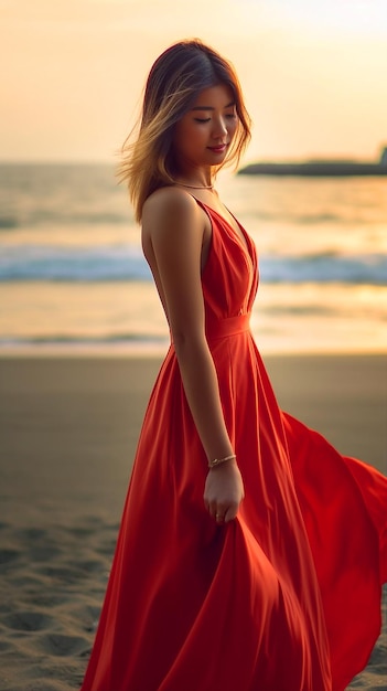 Een vrouw in een rode jurk staat op een strand voor een zonsondergang.